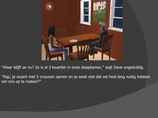 “ Waar blijft ze nu? Ze is al 3 kwartier in onze slaapkamer,” zegt Dave ongeduldig. “ Pap, je woont met 3 vrouwen samen en je weet niet dat we heel lang nodig hebben om ons op te maken?” 