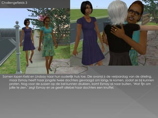 Challengefields 3




Samen lopen Kelsi en Lindsay naar hun ouderlijk huis toe. Die avond is de verjaardag van de drieling,
   maar Esmay heeft haar jongste twee dochters gevraagd om langs te komen, zodat ze bij kunnen
   praten. Nog voor de zussen op de bel kunnen drukken, komt Esmay al naar buiten. ‘Wat fijn om
   jullie te zien.’ zegt Esmay en ze geeft allebei haar dochters een knuffel.
 
