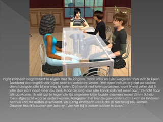 Ingrid probeert oogcontact te krijgen met de jongens, maar Jairo en Tyler weigeren haar aan te kijken.
     Zuchtend slaat Ingrid haar ogen neer en verteld ze verder. ‘Het werd zelfs zo erg dat de sociale
     dienst dreigde jullie bij me weg te halen. Dat kon ik niet laten gebeuren, want ik wist zeker dat ik
     jullie dan echt nooit meer zou zien. Maar de zorg voor jullie kon ik ook niet meer aan.’ Ze richt haar
     blik op Marnix. ‘Ik wist dat je tegen die tijd ongeveer bij je laatste examens moest zitten. Ik heb
     toen uitgezocht waar je ouders wonen. Aangezien het hier de gewoonte is dat 1 van de kinderen
     het huis van de ouders overneemt, en jij enig kind bent, wist ik dat je hier terug zou komen.
     Daarom heb ik besloten om Jairo en Tyler hier bij je ouders achter te laten.’
 
