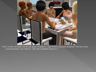 “Het is te zien dat jullie samen zijn gaan shoppen.” zegt Ruben wanneer iedereen met een bord
    pannenkoeken aan tafel zit. “Alle drie dezelfde pyjama‟s.”
 