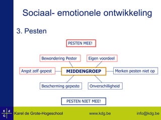 Sociaal- emotionele ontwikkeling3. PestenPESTEN MEE!Bewondering PesterEigen voordeelMIDDENGROEPAngst zelf gepestMerken pesten niet opBescherming gepesteOnverschilligheidPESTEN NIET MEE!