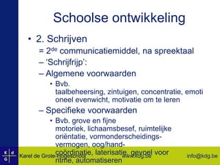  Andere school  Niet altijd een oplossing! Integendeel: ‘nieuwe’ leerlingen = ‘anders’.Cognitieve ontwikkelingConcreet operationeel stadium (Piaget)Realistische, concreet voorstelbare situaties‘Gedachtenhandelingen’  Probleemoplossing Reversibel denken: okéConservatienotie: oké, zolang ‘concreet’!Organisatie van gedachten: okéPositie van andere innemen: okéToestand + proces (= identiteitsprincipe): okéSeriatie: okéTransitief denken: okéKlassen/deelklassen: oké