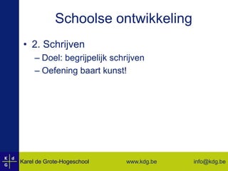 Cognitieve ontwikkelingMagisch denkenOnderscheid ‘echt/niet echt’ = duidelijkPure fantasie: afgedaanVoorkeur: dingen die ‘echt’ zijn of ‘echt kunnen zijn’Bvb. verhalen met realistische kenmerken (over ridders en koningen, in een veraf gelegen gebied, etc.)Toch: ‘magisch’ denken aanwezig!