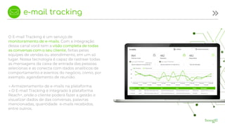e-mail tracking
O E-mail Tracking é um serviço de
monitoramento de e-mails. Com a integração
dessa canal você tem a visão completa de todas
as conversas com o seu cliente, feitas pelas
equipes de vendas ou atendimento, em um só
lugar. Nossa tecnologia é capaz de rastrear todas
as mensagens da caixa de entrada das pessoas
selecionas e as conecta com dados analíticos de
comportamento e eventos do negócio, como, por
exemplo, agendamento de reunião.
→ Armazenamento de e-mails na plataforma.
→ O E-mail Tracking é integrado à plataforma
Reach+, onde o cliente poderá fazer a gestão e
visualizar dados de das conversas, palavras
mencionadas, quantidade e-mails recebidos,
entre outros.
 