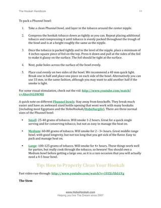 The Hookah Handbook
                              
                                              11


To pack a Phunnel bowl:

    1.   Take a clean Phunnel bowl, and layer in the tobacco around the center nipple.

    2.   Compress the hookah tobacco down as tightly as you can. Repeat placing additional 
         tobacco and compressing it until tobacco is evenly packed throughout the trough of 
         the bowl and is at a height roughly the same as the nipple.

    3.   Once the tobacco is packed tightly and to the level of the nipple, place a minimum of 
         4 inches square piece of foil on the top. Press it down and pull at the sides of the foil 
         to make it glassy on the surface. The foil should be tight at the surface.

    4.   Next, poke holes across the surface of the bowl evenly.

    5.   Place coal evenly on two sides of the bowl. We recommend a 40 mm quick light. 
         Break one in half and place one piece on each side of the bowl. Alternatively you can 
         use 33 mm, in the same fashion, although you may want to add another half if the 
         smoke is light.

For some visual stimulation, check out the vid: http://www.youtube.com/watch?
v=Ahovl4L0WM8

A quick note on different Phunnel bowls: Stay away from knockoffs. They break much 
easier and have an awkward sized bottle opening that wont work with many hookahs 
(including most Egyptians and the HoboHookah/HoboNargile). There are three normal 
sizes of the Phunnel bowl:

    •    Small: 25‐40 grams of tobacco. Will smoke 1‐2 hours. Great for a quick single 
         serving and for conserving tobacco, but not as easy to manage the heat on. 

    •    Medium: 60‐80 grams of tobacco. Will smoke for 2 ‐ 3+ hours. Great middle range 
         bowl, with good longevity, but not too long that you get sick of the Hlavor. Easy to 
         pack and manage heat on.

    •    Large: 100‐125 grams of tobacco. Will smoke for 4+ hours. These things work well 
         for parties, but really cook through the tobacco, so beware! You should own a 
         Medium bowl before getting a large one, as it is a rare occasion that you will actually 
         need a 4‐5 hour bowl.

               Tip: How to Properly Clean Your Hookah
Fast video run‐through: http://www.youtube.com/watch?v=1UZZcXhLGYg

The Stem



                                      www.HoboHookah.com

                               Helping you live The Dream since 2007
 