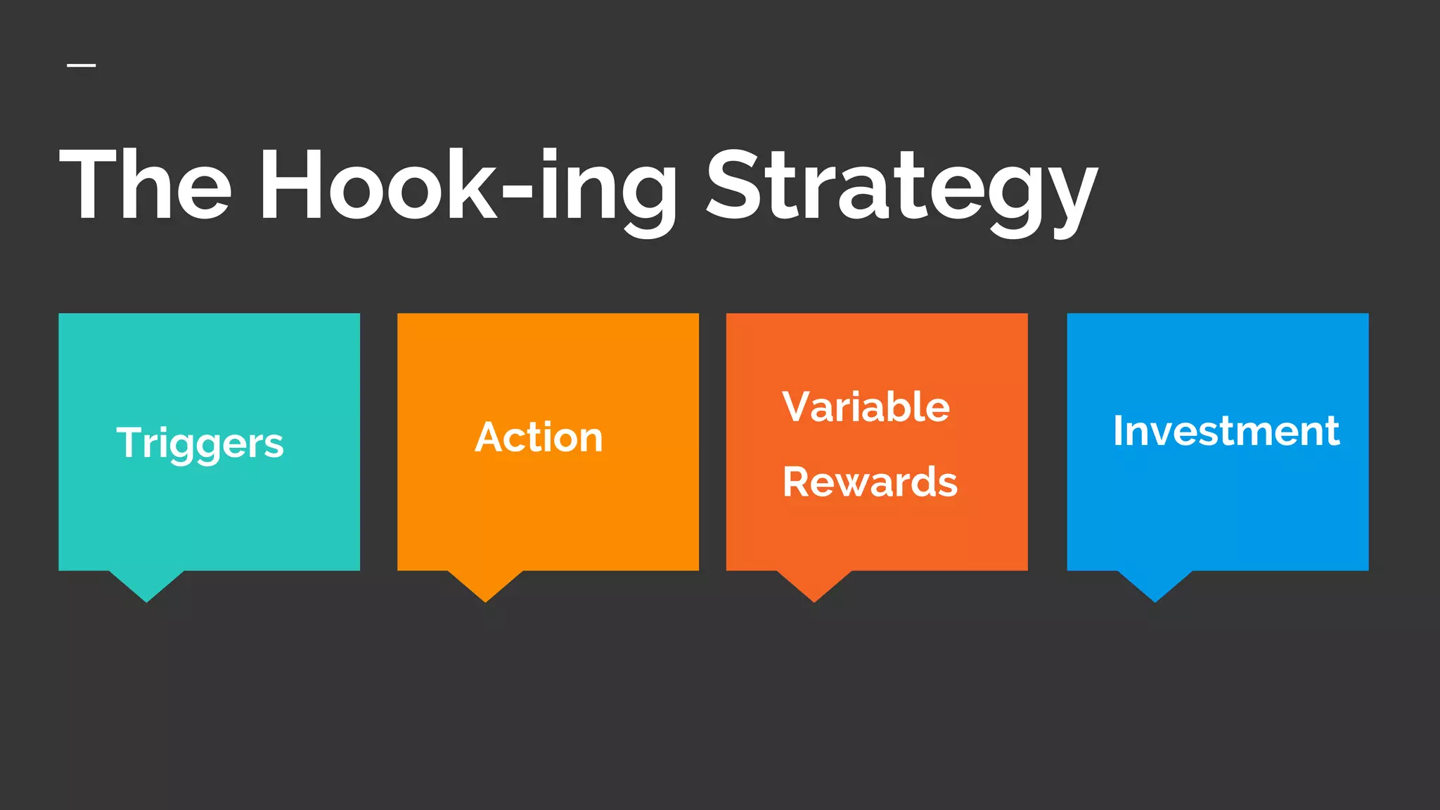 The Hook-ing Strategy
Variable
Rewards
Triggers Action Investment
 