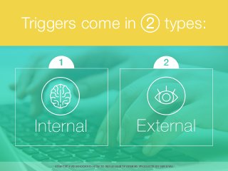 Triggers come in types:
ADAPTED FROM HOOKED: HOW TO BUILD HABIT-FORMING PRODUCTS BY NIR EYAL
 