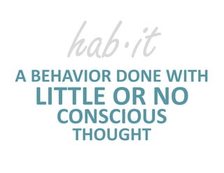 A	BEHAVIOR	DONE	WITH
CONSCIOUS	
THOUGHT
LITTLE	OR	NO	 
hab·it
 