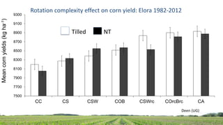 Rotation complexity effect on corn yield: Elora 1982-2012
7500
7700
7900
8100
8300
8500
8700
8900
9100
9300
CC CS CSW COB CSWrc COrcBrc CA
Meancornyields(kgha-1)
Deen (UG)
Tilled NT
 