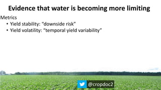 Evidence that water is becoming more limiting
Metrics
• Yield stability: “downside risk”
• Yield volatility: “temporal yield variability”
@cropdoc2
 