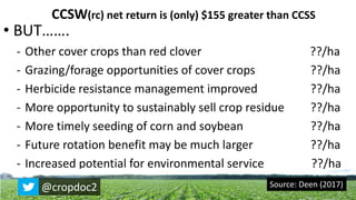 • BUT…….
- Other cover crops than red clover ??/ha
- Grazing/forage opportunities of cover crops ??/ha
- Herbicide resistance management improved ??/ha
- More opportunity to sustainably sell crop residue ??/ha
- More timely seeding of corn and soybean ??/ha
- Future rotation benefit may be much larger ??/ha
- Increased potential for environmental service ??/ha
CCSW(rc) net return is (only) $155 greater than CCSS
Source: Deen (2017)@cropdoc2
 