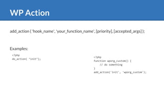 WP Action
<?php
do_action( ‘init’);
<?php
function wporg_custom() {
// do something
}
add_action('init', 'wporg_custom');
add_action ( 'hook_name', 'your_function_name', [priority], [accepted_args] );
Examples:
 