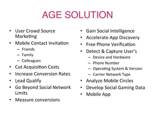 AGE SOLUTION	
  
•  User	
  Crowd	
  Source	
               •    Gain	
  Social	
  Intelligence	
  
   Marke7ng	
         ...
