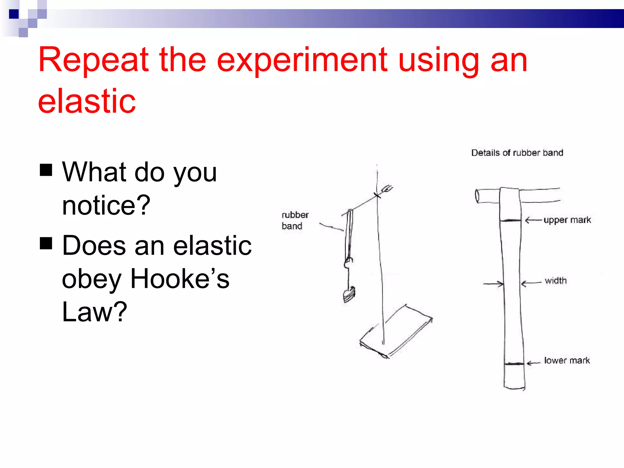 Repeat the experiment using an elastic What do you notice? Does an elastic obey Hooke’s Law? 