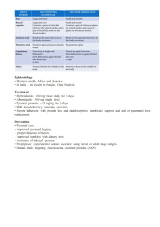 Epidemiology
• Western world- Africa and America
• In India – all except in Punjab, Uttar Pradesh
Treatment
• Mebendazole- 100 mg twice daily for 3 days
• Albendazole- 400 mg single dose
• Pyrantal pamoate – 11 mg/kg for 3 days
• Mild iron-deficiency anaemia- oral iron
• Severe infections with protein loss and malabsorption: nutritional support and oral or parenteral iron
replacement
Prevention
• Personal care:
- improved personal hygiene
- proper disposal of faeces
- improved nutrition with dietary iron
- treatment of infected persons
• Prophylaxis: experimental animal vaccines: using larval or adult stage antigen.
• Human trials: targeting Ancylostoma secreted proteins (ASP).
 