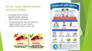 Өглөө, Өдөр, Оройн хоолны
ялгаатай байдал
 Өглөөний хоолыг өөртөө
Өдрийн хоолыг найздаа
Оройн хоолыг дайсандаа
 “Өглөөний хоолоо хаан шиг зооглож,
үдийн хоолоо гүн шиг хүртэж,
оройн хоолоо ядуу хүн шиг ид”
 