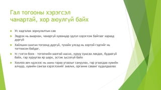 Гал тогооны хэрэгсэл
чанартай, хор аюулгүй байх
 Ус хадгалах зориулалтын сав
 Эвдрэх нь амархан, чанаргүй хуванцар эдлэл хэрэглэж байгааг хараад
дургүй
 Хайлшин-хөнгөн тогоонд дургүй, тухайн улсад нь хортой гэдгийг нь
тогтоосон байдаг.
 Үс гэзгээ боох – тогоочийн малгай өмсөх, хуруу хумсаа лакдах, будаагүй
байх, гар хуруугаа яр шарх, эсгэж зүсээгүй байх
 Хоолоо авч идэхээс нь өмнө гараа угаахыг сануулах, гар угаахдаа хувийн
алчуур, хувийн сангаа хэрэглэхийг зөвлөх, органик саванг худалдаалах
 