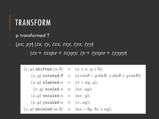 TRANSFORM
p transformed T
( 𝑝𝑥, 𝑝𝑦) ( 𝑡𝑥, 𝑡𝑦, 𝑡𝑥𝑥, 𝑡𝑥𝑦, 𝑡𝑦𝑥, 𝑡𝑦𝑦)
( 𝑡𝑥 + 𝑡𝑥𝑥𝑝𝑥 + 𝑡𝑥𝑦𝑝𝑦, 𝑡𝑦 + 𝑡𝑦𝑥𝑝𝑥 + 𝑡𝑦𝑦𝑝𝑦)
 