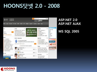 HOONS닷넷 2.0 - 2008
ASP.NET 2.0
ASP.NET AJAX
MS SQL 2005
 