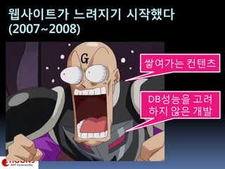 웹사이트가 느려지기 시작했다
(2007~2008)
DB성능을 고려
하지 않은 개발
쌓여가는 컨텐츠
 