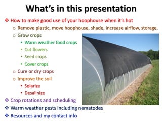 What’s in this presentation
 Ways to to make good use of your hoophouse when it’s hot
o Storage, remove plastic, move hoo...