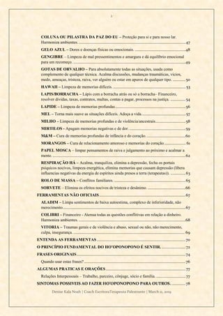 2
Denise Kala Noah | Coach EscritoraTerapeuta Palestrante | March 11, 2019
COLUNA OU PILASTRA DA PAZ DO EU – Proteção para si e para nosso lar.
Harmoniza ambientes....................................................................................................47
GELO AZUL – Dores e doenças físicas ou emocionais. ...............................................48
GENGIBRE – Limpeza de mal pressentimentos e amargura e dá equilíbrio emocional
para um recomeço. ........................................................................................................49
GOTAS DE ORVALHO – Para absolutamente todas as situações, usada como
complemento de qualquer técnica. Acalma discussões, mudanças traumáticas, vícios,
medo, ameaças, tristeza, raiva, ver alguém ou estar em apuros de qualquer tipo. ............50
HAWAII – Limpeza de memorias difíceis. ................................................................... 53
LAPIS/BORRACHA – Lápis com a borracha atrás ou só a borracha– Financeiro,
resolver dividas, taxas, contratos, multas, contas a pagar, processos na justiça. ..............54
LAPIDE – Limpeza de memorias profundas.................................................................56
MEL – Torna mais suave as situações difíceis. Adoça a vida.........................................57
MILHO – Limpeza de memorias profundas e de violência/ancestrais............................58
MIRTILOS - Apagam memorias negativas e de dor. ....................................................59
M&M – Cura de memorias profundas de infância e do coração.....................................60
MORANGOS – Cura de relacionamento amoroso e memorias do coração.................... 61
PAPEL MOSCA – limpar pensamentos de raiva e julgamento ao próximo e acalmar a
mente. ...........................................................................................................................62
RESPIRAÇÃO HÁ – Acalma, tranquiliza, elimina a depressão, fecha os portais
psíquicos nocivos, limpeza energética, elimina memorias que causam depressão (libera
influencias negativas da energia de espíritos ainda presos a terra (terapeutas)). ..............63
ROLO DE MASSA – Conflitos familiares. ..................................................................65
SORVETE – Elimina os efeitos nocivos de tristeza e desânimo. ...................................66
FERRAMENTAS NÃO OFICIAIS................................................................................67
ALADIM – Limpa sentimentos de baixa autoestima, complexo de inferioridade, não
merecimento..................................................................................................................67
COLIBRI – Financeiro - Atenua todas as questões conflitivas em relação a dinheiro.
Harmoniza ambientes....................................................................................................68
VITORIA – Traumas gerais e de violência e abuso, sexual ou não, não merecimento,
culpa, insegurança........................................................................................................ 69
ENTENDA AS FERRAMENTAS ..................................................................................70
O PRINCÍPIO FUNDAMENTAL DO HO’OPONOPONO É SENTIR. ......................72
FRASES ORIGINAIS.....................................................................................................74
Quando usar estas frases? ..............................................................................................76
ALGUMAS PRATICAS E ORAÇÕES..........................................................................77
Relações Interpessoais – Trabalho, parceiro, cônjuge, sócio e família. ...........................77
SINTOMAS POSSIVEIS AO FAZER HO’OPONOPONO PARA OUTROS. .............78
 