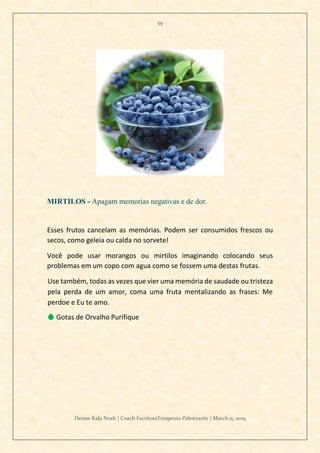 59
Denise Kala Noah | Coach EscritoraTerapeuta Palestrante | March 11, 2019
MIRTILOS - Apagam memorias negativas e de dor.
Esses frutos cancelam as memórias. Podem ser consumidos frescos ou
secos, como geleia ou calda no sorvete!
Você pode usar morangos ou mirtilos imaginando colocando seus
problemas em um copo com agua como se fossem uma destas frutas.
Use também, todas as vezes que vier uma memória de saudade ou tristeza
pela perda de um amor, coma uma fruta mentalizando as frases: Me
perdoe e Eu te amo.
💧 Gotas de Orvalho Purifique
 