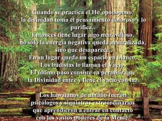 Cuando se practica el Ho’oponopono,  la divinidad toma el pensamiento doloroso y lo purifica..  Entonces tiene lugar algo maravilloso,  no sólo la energía negativa queda neutralizada,  sino que desaparece.  En su lugar queda un espacio en blanco.  Los budistas lo llaman el Vacío.  El último paso consiste en permitir que  la Divinidad entre y llene el vacío con luz. Los hawaianos de antaño fueron  psicólogos y siquiatras extraordinarios  que aprendieron a entrar en contacto  con los vastos poderes de la Mente.   