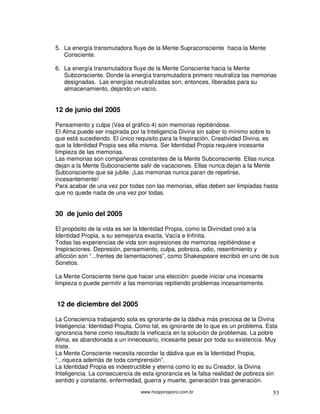 www.hooponopono.com.br 53
5. La energía transmutadora fluye de la Mente Supraconsciente hacia la Mente
Consciente.
6. La energía transmutadora fluye de la Mente Consciente hacia la Mente
Subconsciente. Donde la energía transmutadora primero neutraliza las memorias
designadas. Las energías neutralizadas son, entonces, liberadas para su
almacenamiento, dejando un vacío.
12 de junio del 2005
Pensamiento y culpa (Vea el gráfico 4) son memorias repitiéndose.
El Alma puede ser inspirada por la Inteligencia Divina sin saber lo mínimo sobre lo
que está sucediendo. El único requisito para la Inspiración, Creatividad Divina, es
que la Identidad Propia sea ella misma. Ser Identidad Propia requiere incesante
limpieza de las memorias.
Las memorias son compañeras constantes de la Mente Subconsciente. Ellas nunca
dejan a la Mente Subconsciente salir de vacaciones. Ellas nunca dejan a la Mente
Subconsciente que se jubile. ¡Las memorias nunca paran de repetirse,
incesantemente!
Para acabar de una vez por todas con las memorias, ellas deben ser limpiadas hasta
que no quede nada de una vez por todas.
30 de junio del 2005
El propósito de la vida es ser la Identidad Propia, como la Divinidad creó a la
Identidad Propia, a su semejanza exacta, Vacía e Infinita.
Todas las experiencias de vida son expresiones de memorias repitiéndose e
Inspiraciones. Depresión, pensamiento, culpa, pobreza, odio, resentimiento y
aflicción son “...frentes de lamentaciones”, como Shakespeare escribió en uno de sus
Sonetos.
La Mente Consciente tiene que hacer una elección: puede iniciar una incesante
limpieza o puede permitir a las memorias repitiendo problemas incesantemente.
12 de diciembre del 2005
La Consciencia trabajando sola es ignorante de la dádiva más preciosa de la Divina
Inteligencia: Identidad Propia. Como tal, es ignorante de lo que es un problema. Esta
ignorancia tiene como resultado la ineficacia en la solución de problemas. La pobre
Alma, es abandonada a un innecesario, incesante pesar por toda su existencia. Muy
triste.
La Mente Consciente necesita recordar la dádiva que es la Identidad Propia,
“...riqueza además de toda comprensión”.
La Identidad Propia es indestructible y eterna como lo es su Creador, la Divina
Inteligencia. La consecuencia de esta ignorancia es la falsa realidad de pobreza sin
sentido y constante, enfermedad, guerra y muerte, generación tras generación.
 