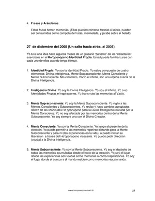 www.hooponopono.com.br 55
4. Fresas y Arándanos:
Estas frutas borran memorias. ¡Ellas pueden comerse frescas o secas, pueden
ser consumidas como compota de frutas, mermelada, y jarabe sobre el helado!
27 de diciembre del 2005 (Un salto hacia atrás, al 2005)
Yo tuve una idea hace algunos meses de un glosario “parlante” de los “caracteres”
esenciales en el Ho’oponopono Identidad Propia. Usted puede familiarizarse con
cada uno de ellos cuando tenga tiempo.
1. Identidad Propia: Yo soy la Identidad Propia. Yo estoy compuesto de cuatro
elementos: Divina Inteligencia, Mente Supraconsciente, Mente Consciente y
Mente Subconsciente. Mis cimientos, Vacío e Infinito, son una réplica exacta de la
Divina Inteligencia.
2. Inteligencia Divina: Yo soy la Divina Inteligencia. Yo soy el Infinito. Yo creo
Identidades Propias e Inspiraciones. Yo transmuto las memorias al Vacío.
3. Mente Supraconsciente: Yo soy la Mente Supraconsciente. Yo vigilo a las
Mentes Conscientes y Subconscientes. Yo reviso y hago cambios apropiados
dentro de las solicitudes Ho’oponopono para la Divina Inteligencia iniciada por la
Mente Consciente. Yo no soy afectada por las memorias dentro de la Mente
Subconsciente. Yo soy siempre una con el Divino Creador.
4. Mente Consciente: Yo soy la Mente Consciente. Yo tengo el presente de la
elección. Yo puedo permitir a las memorias repetirse dictando para la Mente
Subconsciente y para mi (las experiencias en la vida), o puedo iniciar su
liberación a través del Ho’oponopono incesante. Yo puedo pedir dirección
(ayuda) a la Divina Inteligencia.
5. Mente Subconsciente: Yo soy la Mente Subconsciente. Yo soy el depósito de
todas las memorias acumuladas desde el inicio de la creación. Yo soy el lugar
donde las experiencias son vividas como memorias o como Inspiraciones. Yo soy
el lugar donde el cuerpo y el mundo residen como memorias reaccionando.
 