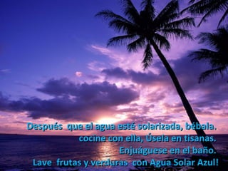 Después que el agua esté solarizada, bébala.
           cocine con ella, Úsela en tisanas.
                     Enjuáguese en el baño.
 Lave frutas y verduras con Agua Solar Azul!
 