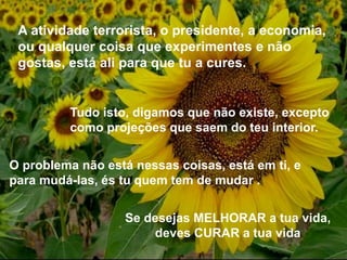 A atividade terrorista, o presidente, a economia,
ou qualquer coisa que experimentes e não
gostas, está ali para que tu a cures.
Tudo isto, digamos que não existe, excepto
como projeções que saem do teu interior.
O problema não está nessas coisas, está em ti, e
para mudá-las, és tu quem tem de mudar .
Se desejas MELHORAR a tua vida,
deves CURAR a tua vida
 