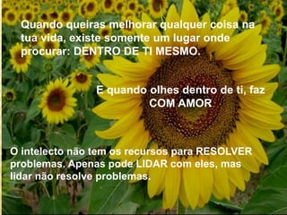 Quando queiras melhorar qualquer coisa na
tua vida, existe somente um lugar onde
procurar: DENTRO DE TI MESMO.
E quando olhes dentro de ti, faz
COM AMOR
O intelecto não tem os recursos para RESOLVER
problemas. Apenas pode LIDAR com eles, mas
lidar não resolve problemas.
 