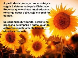 A partir deste ponto, o que aconteça a
seguir é determinado pela Divindade.
Pode ser que te sintas inspirado(a) a
tomar qualquer ação, seja ela qual for,
ou não.
Se continuas duvidando, persiste no
processo de limpeza e então, quando
estiveres completamente limpo(a),
obterás a resposta.
 