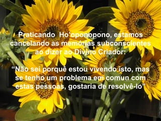 Praticando Ho’oponopono, estamos
cancelando as memórias subconscientes
ao dizer ao Divino Criador:
“Não sei porquê estou vivendo isto, mas
se tenho um problema em comun com
estas pessoas, gostaria de resolvê-lo”
 