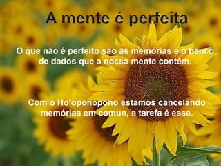 O que não é perfeito são as memórias e o banco
de dados que a nossa mente contém.
Com o Ho’oponopono estamos cancelando
memórias em comun, a tarefa é essa.
 