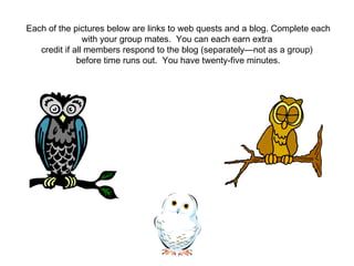 Each of the pictures below are links to web quests and a blog. Complete each with your group mates.  You can each earn extra  credit if all members respond to the blog (separately—not as a group)  before time runs out.  You have twenty-five minutes. 
