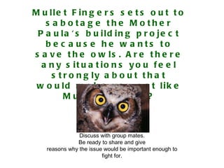 Mullet Fingers sets out to sabotage the Mother Paula's building project because he wants to save the owls. Are there any situations you feel strongly about that would make you act like Mullet Fingers? Discuss with group mates. Be ready to share and give reasons why the issue would be important enough to fight for. 