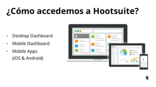 • Desktop Dashboard
• Mobile Dashboard
• Mobile Apps
(iOS & Android)
¿Cómo accedemos a Hootsuite?
 