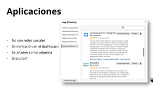 • No son redes sociales
• Sin limitación en el dashboard
• Se añaden como columna
• Gratuitas*
Aplicaciones
 