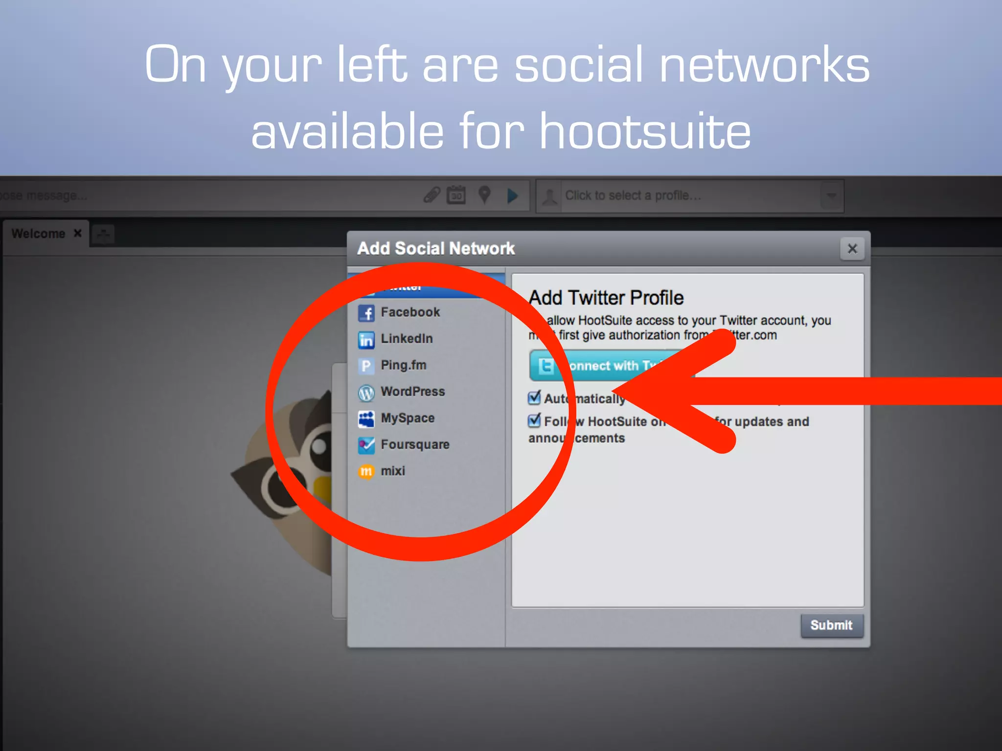 On your left are social networks
    available for hootsuite
 