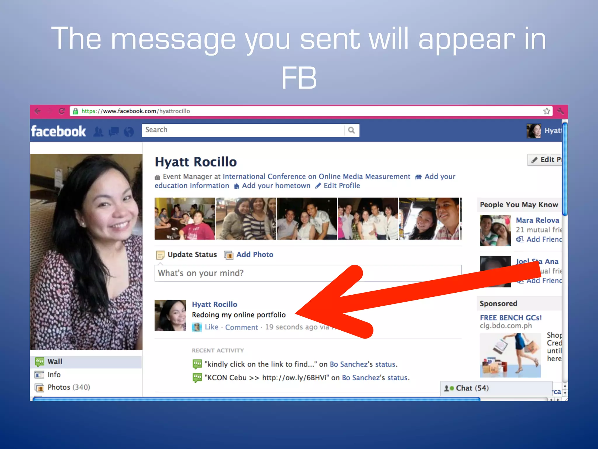 The message you sent will appear in
              FB
 
