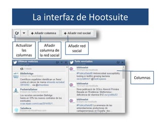 La interfaz de Hootsuite
Actualizar
las
columnas
Añadir
columna de
la red social
Añadir red
social
Columnas
 