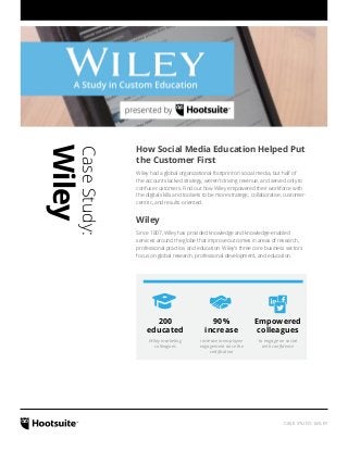 CASE STUDY: WILEY
How Social Media Education Helped Put
the Customer First
Wiley had a global organizational footprint on social media, but half of
the accounts lacked strategy, weren’t driving revenue, and served only to
confuse customers. Find out how Wiley empowered their workforce with
the digital skills and toolsets to be more strategic, collaborative, customer-
centric, and results-oriented.
Wiley
Since 1807, Wiley has provided knowledge and knowledge-enabled
services around the globe that improve outcomes in areas of research,
professional practice, and education. Wiley’s three core business sectors
focus on global research, professional development, and education.
Wiley marketing
colleagues
increase in employee
engagement since the
certification
to engage on social
with confidence
200
educated
90%
increase
Empowered
colleagues
CaseStudy:
Wiley
 