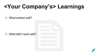 <Your Company’s> Learnings
1. What worked well?
1. What didn’t work well?
 