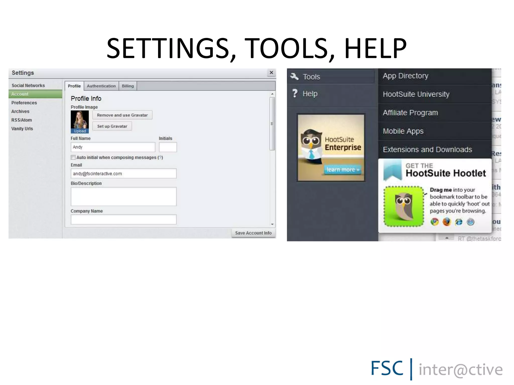 SETTINGS, TOOLS, HELP