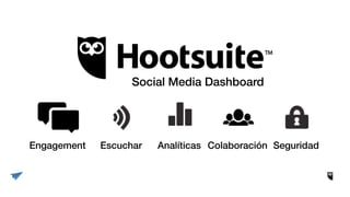 Engagement Escuchar Analíticas Colaboración Seguridad
Social Media Dashboard
 