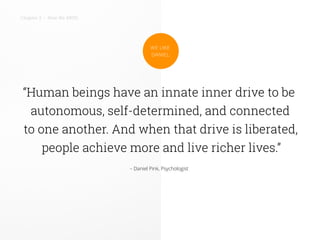 “Human beings have an innate inner drive to be
autonomous, self-determined, and connected
to one another. And when that drive is liberated,
people achieve more and live richer lives.”
– Daniel Pink, Psychologist
WE LIKE
DANIEL:
Chapter 3 • How We #BSU
 