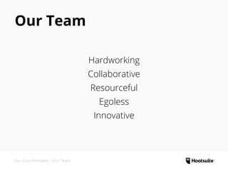 Hardworking
Collaborative
Resourceful
Egoless
Innovative
Our Team
Our Core Principles • Our Team
 