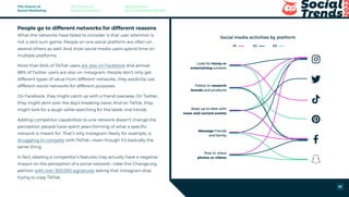 People go to different networks for different reasons
What the networks have failed to consider is that user attention is
not a zero sum game. People on one social platform are often on
several others as well. And most social media users spend time on
multiple platforms.
More than 84% of TikTok users are also on Facebook and almost
88% of Twitter users are also on Instagram. People don’t only get
different types of value from different networks, they explicitly use
different social networks for different purposes.
On Facebook, they might catch up with a friend overseas. On Twitter,
they might skim over the day’s breaking news. And on TikTok, they
might look for a laugh while searching for the latest viral trends.
Adding competitor capabilities to one network doesn’t change the
perception people have spent years forming of what a specific
network is meant for. That’s why Instagram Reels, for example, is
struggling to compete with TikTok—even though it’s basically the
same thing.
In fact, stealing a competitor’s features may actually have a negative
impact on the perception of a social network—take this Change.org
petition with over 300,000 signatures asking that Instagram stop
trying to copy TikTok.
Look for funny or
entertaining content
Follow or research
brands and products
Keep up to date with
news and current events
Message friends
and family
Post or share
photos or videos
Social media activities by platform
#1 #2 #3
The Future of
Social Marketing
The Future of
Social Commerce
The Future of
Social Customer Service
19
 